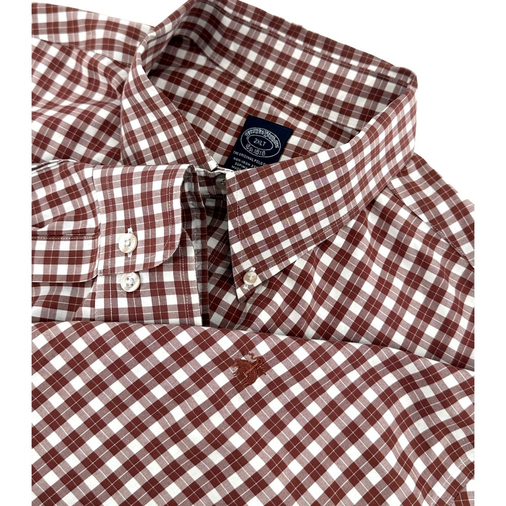 Brooks Brothers Shirt Mens 2XLT Burgundy Gingham Non-Iron Stretch Regular Fit
